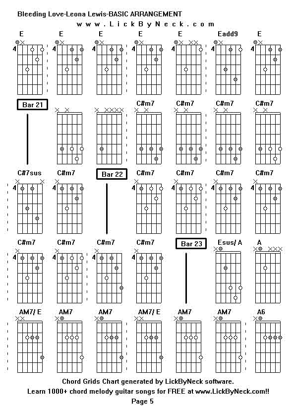 Chord Grids Chart of chord melody fingerstyle guitar song-Bleeding Love-Leona Lewis-BASIC ARRANGEMENT,generated by LickByNeck software.